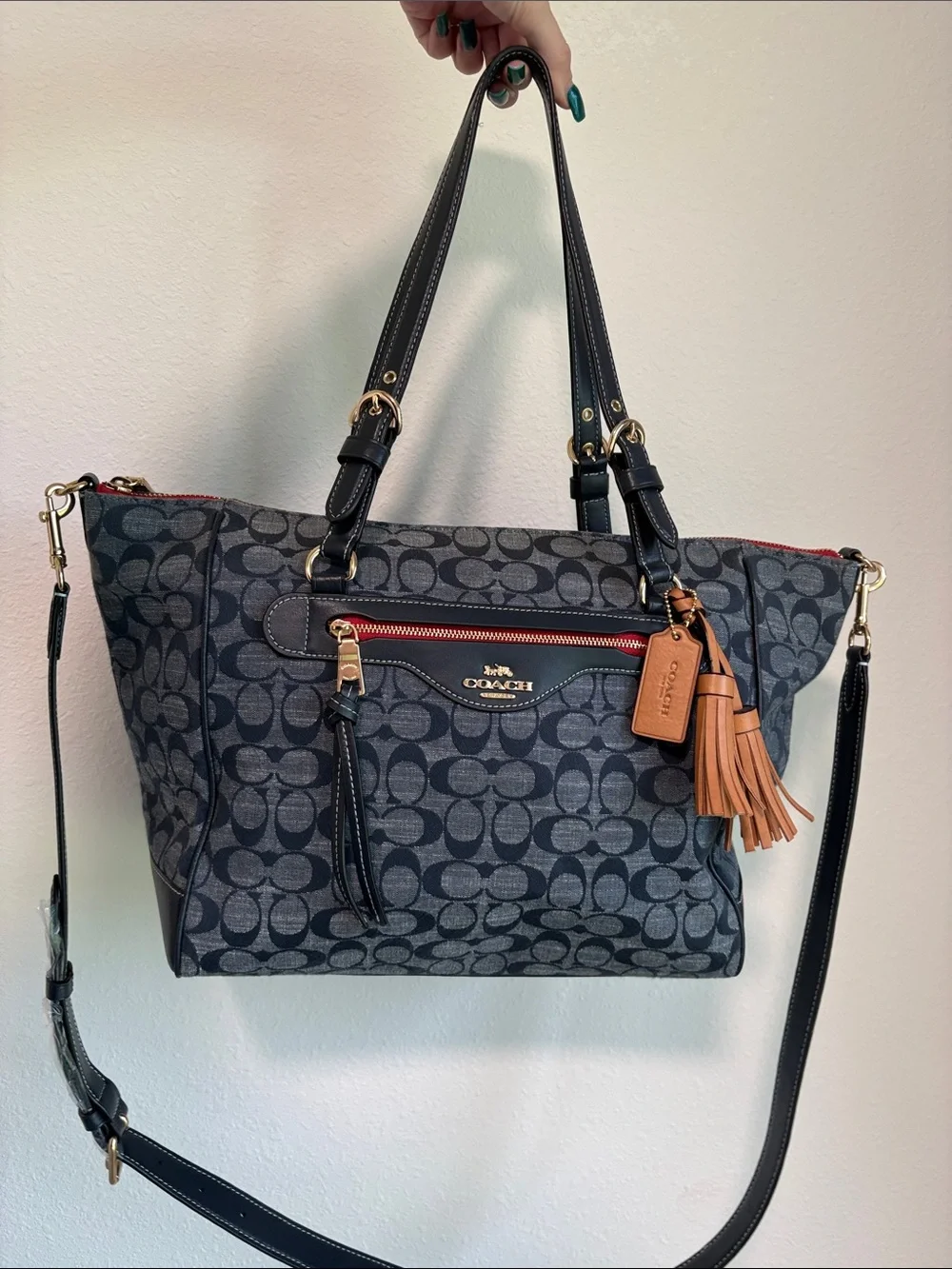 Coach Kleo Carryall in Signature Chambray Dark Blue Denim Tan Tassels - Picture 1 of 7